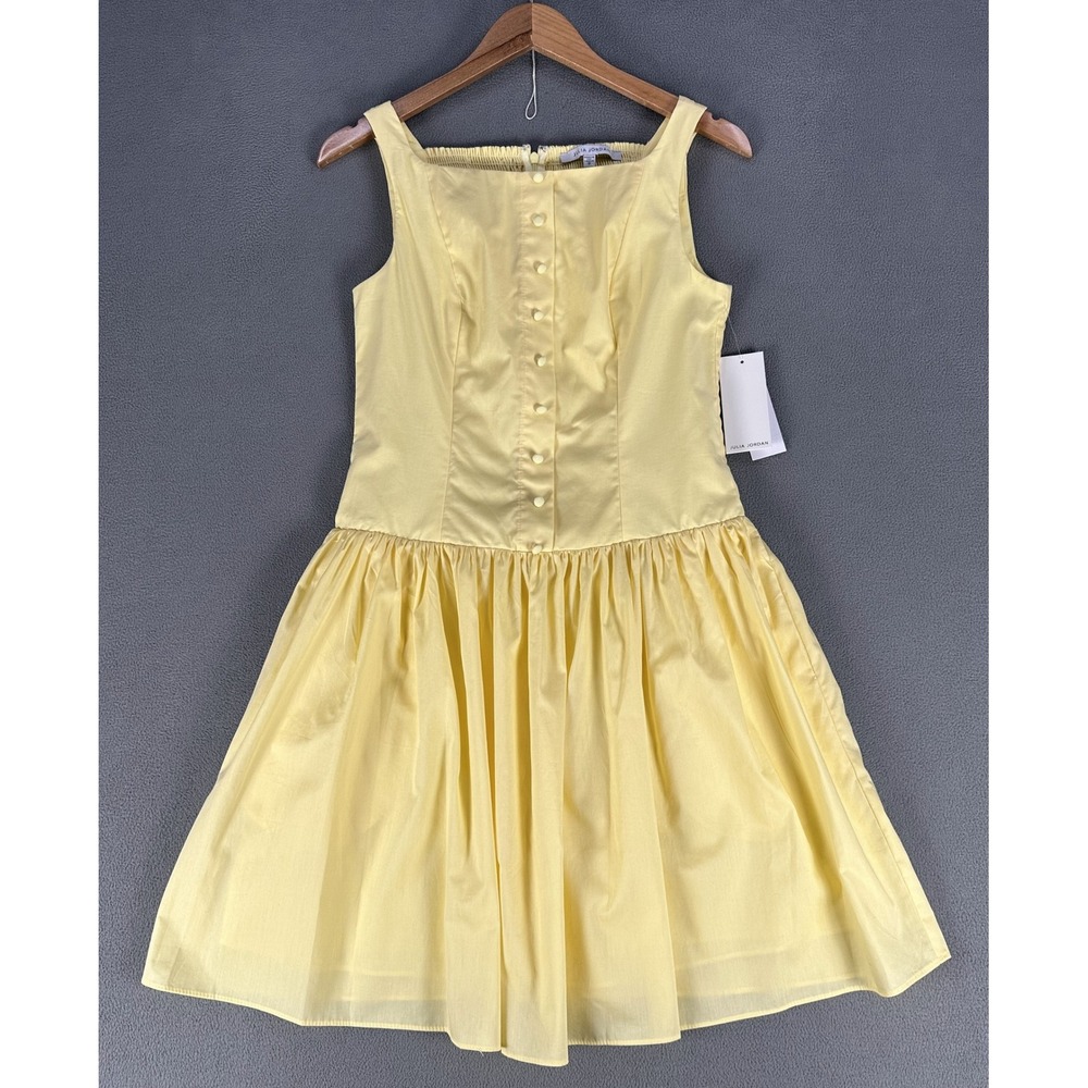 Julia Jordan Dress 2 Yellow Drop Waist Cotton Poplin Mini Button Coquette New